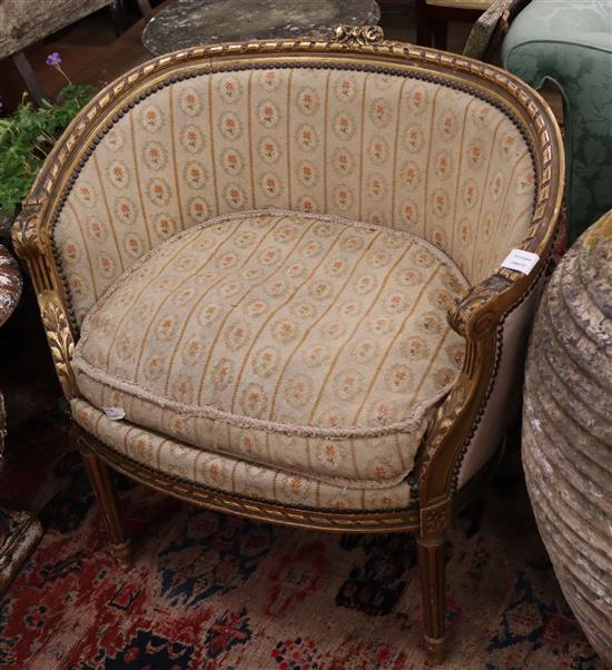 A pair of French gilt tub chairs, W.80cm, D.55cm, H.80cm